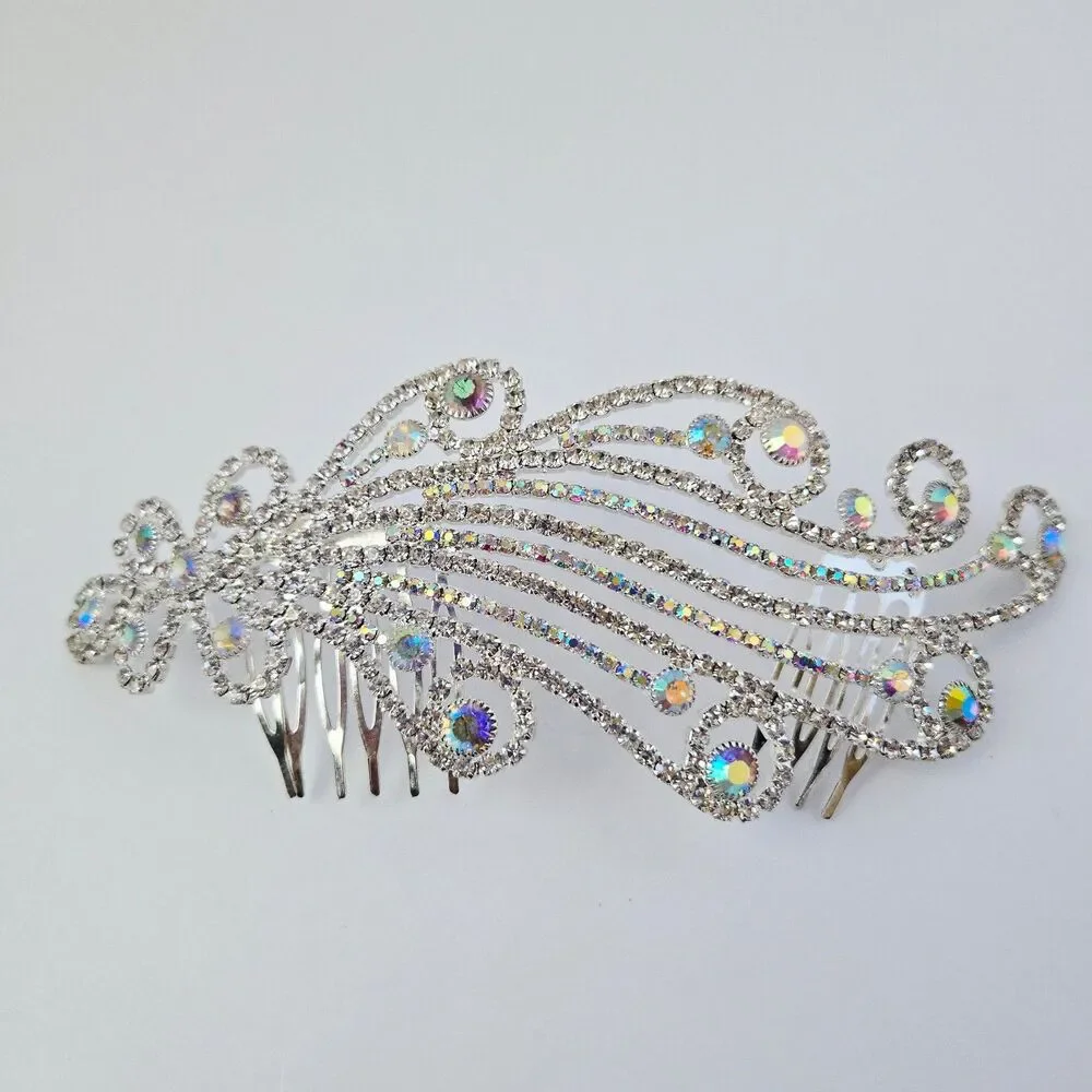 Aurora Borealis Bridal Hair Comb Rhinestone Silver Tone Wedding Formal Prom